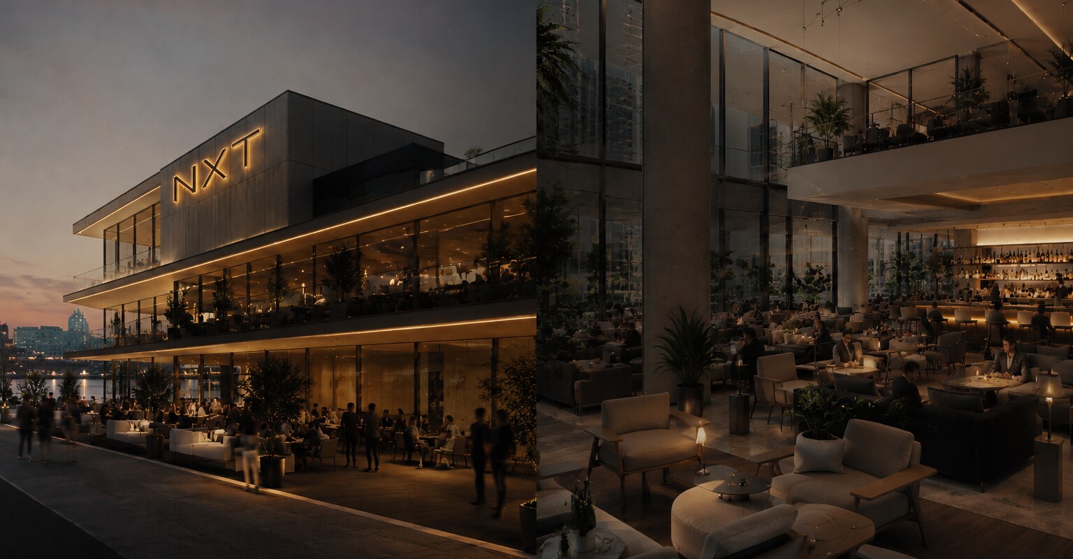 THE NXT HOUSE bei Nacht — Aussenansicht mit Leuchtschriftzug und Lounge im Inneren